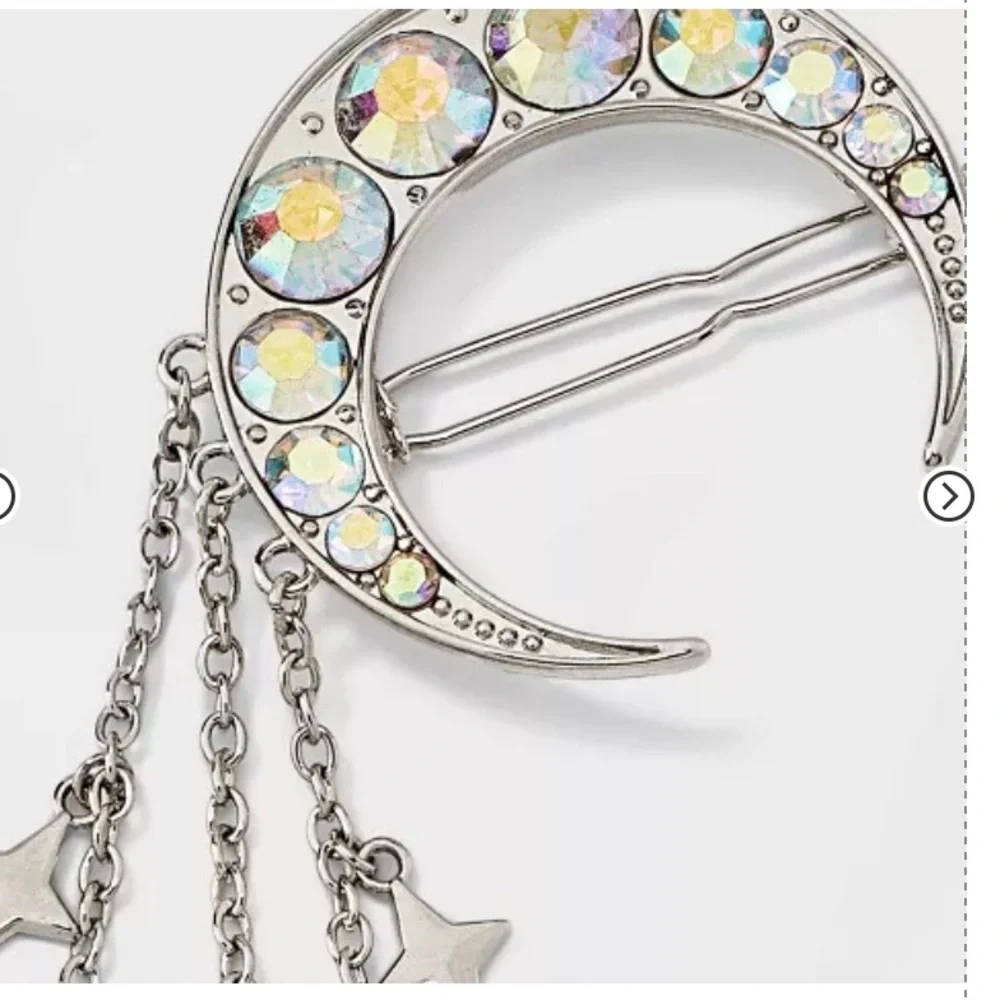 Halloween Silver Moon Dangle Hair Clip Barrette, Crescent‎ Moon Rhinestones NWT